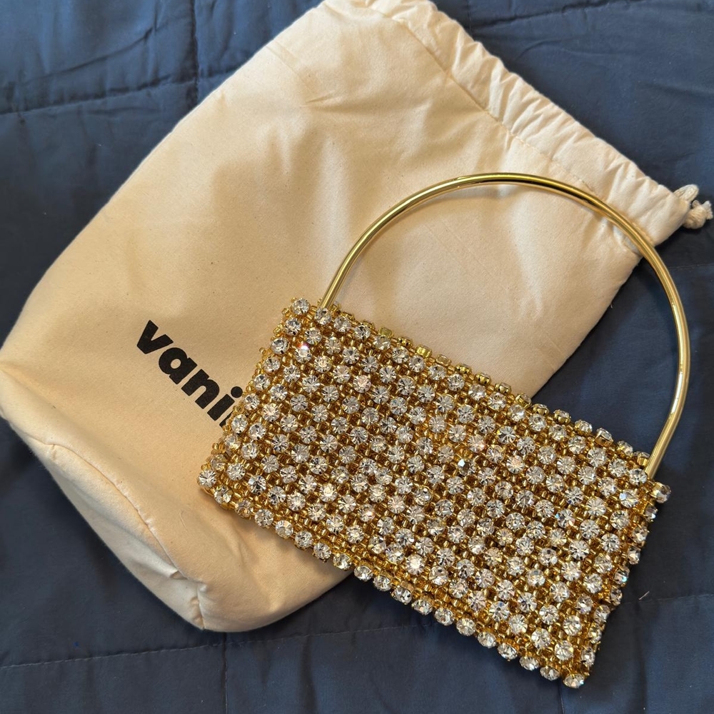 Gold Beaded Evening Clutch with Metallic Handle
